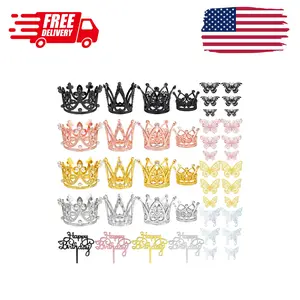 44 PCS Grown Cake Decorations 16 PCS Mini Crowns with 24 PCS Butterfly Wall Decors and 4 PCS Birthday Insert Cards