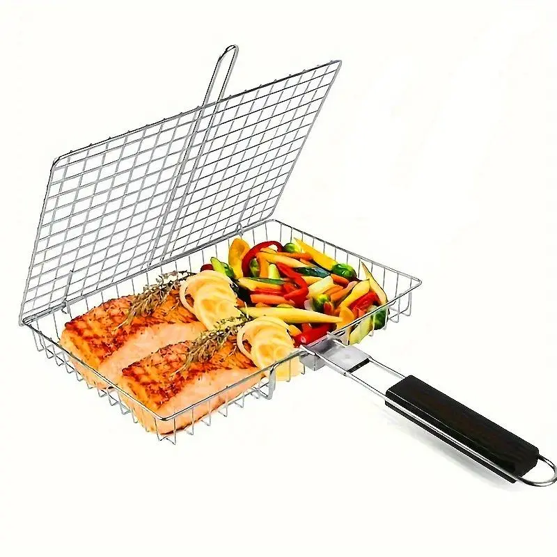 Steel Barbecue Basket with Handle, Portable Foldable Barbecue Net Rack, Multifunctional Barbecue Utensils for Outdoor Camping, Outdoor Barbecue Accessories, Grilling Accessories