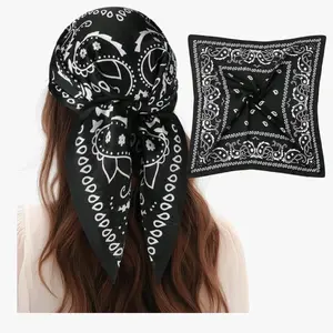 1 Pcs 27.5 Inches Cotton Head Scarf Cotton Like Stain Bandana Sleeping Hair Wrap Hair Scarf for Women Black Paisley Design