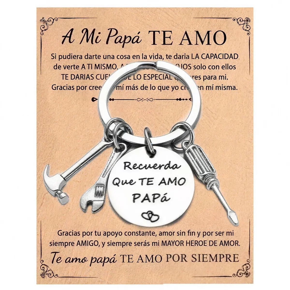 Dad Tool Keychain Gift Set with Gift Box & Message Card, Stainless Steel Mini Hammer Wrench Screwdriver Key Ring Engraved “Recuerda Que Te Amo Papá”, Meaningful Gift for Dad Husband Grandpa Men, Birthday Appreciation Gift