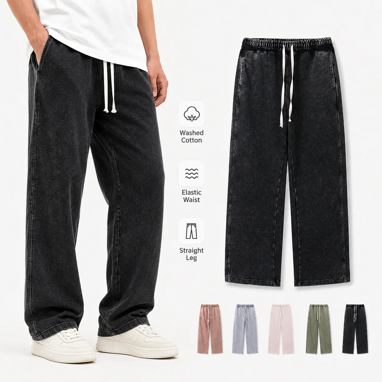 1/2 Pack Men’s Vintage Acid Wash Baggy Sweatpants, Distressed Loose Straight-Leg Pants with Elastic Drawstring Waist, Side Pockets & Adjustable Drawcord Hem for Streetwear