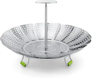 3rd Generation Stainless Steel Vegetable Steamer Basket with Extendable Handle for Cooking Food Foldable & Expandable Veggie Steam Insert Fits Various Size Instant Pot 5.5" to 9" Heat Resistant BPA-Free