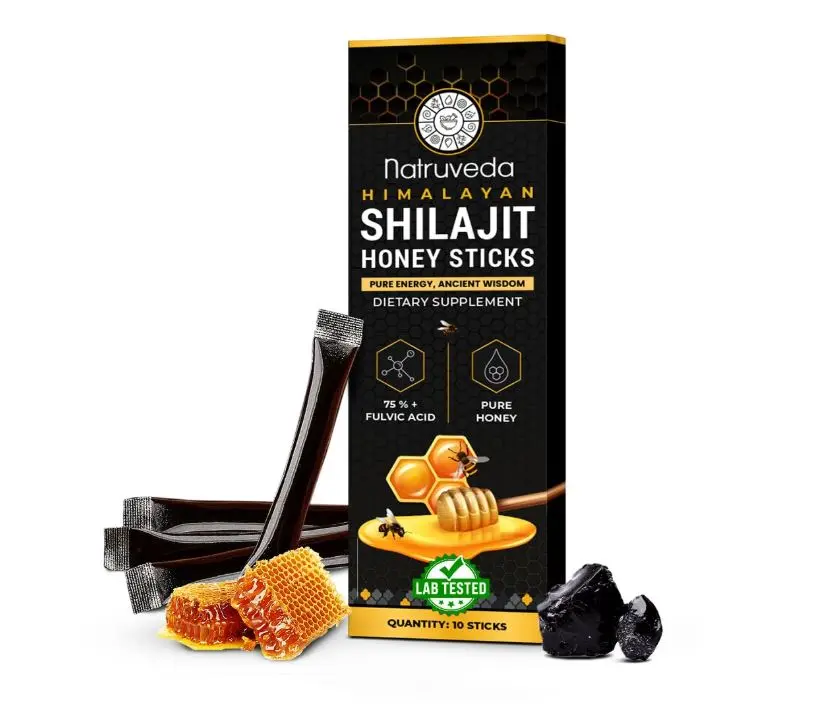 Natruveda, Himalayan Shilajit Honey Sticks for Men & Women - 75%+ Fulvic Acid & Trace Minerals - Raw Honey, Saffron & Himalayan Shilajit Resin - 10 Sticks Pack