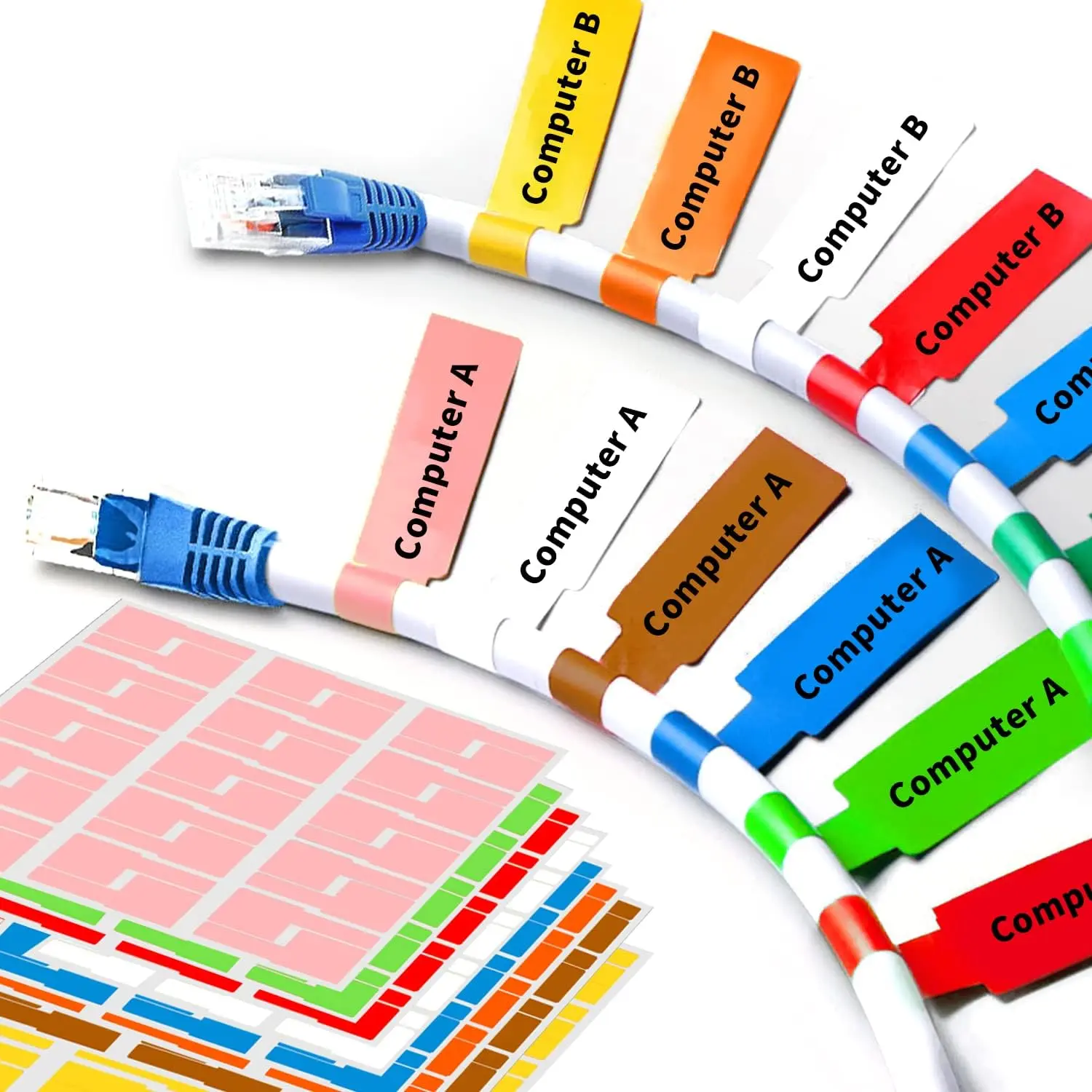 16 Sheet 480 Pcs Cable Labels - Colorful Waterproof Cord Tags for Electronics, Self-Adhesive, Tear Resistant Wire Labels