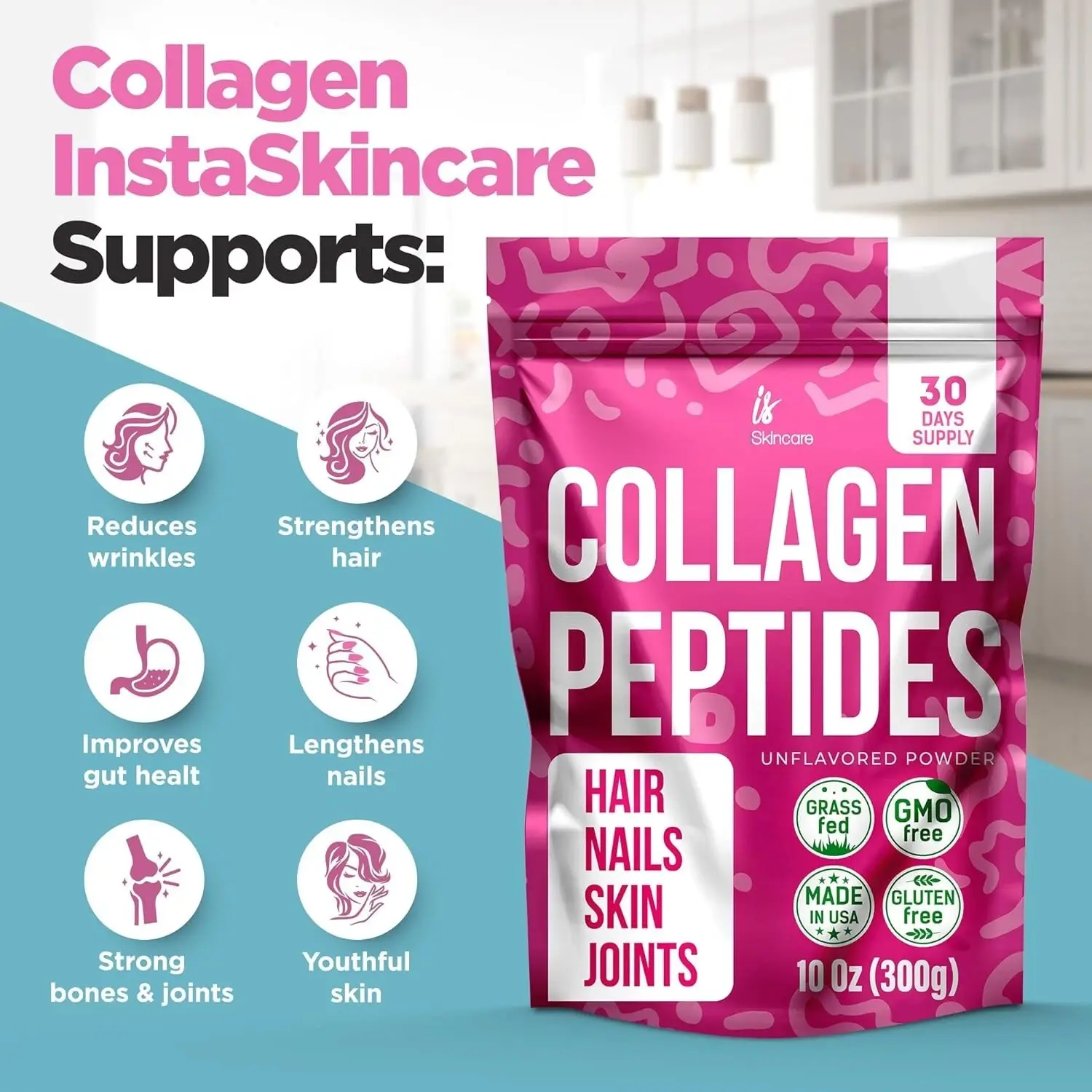 InstaSkincare Collagen Peptides Powder for Women Hydrolyzed Collagen Protein Types I&III 10oz Supports Hair Nails Skin Joints 30 Days Supply