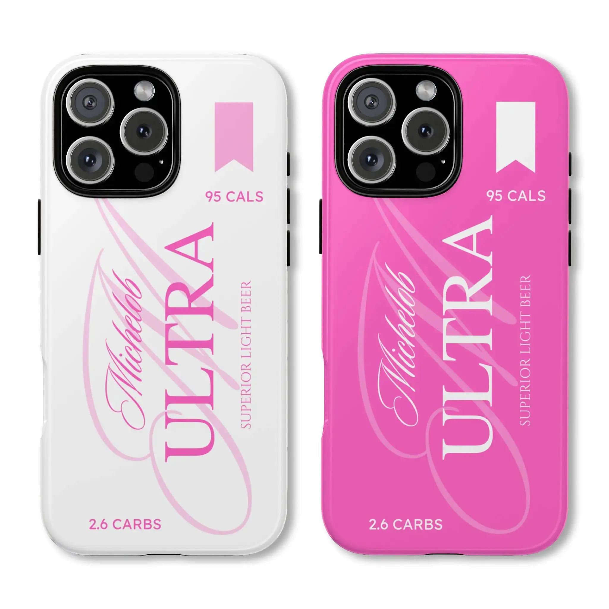 Couple's Mikaello beer-themed phone case in ultra-white and pink color scheme, compatible with iPhone 16/15/14/13/