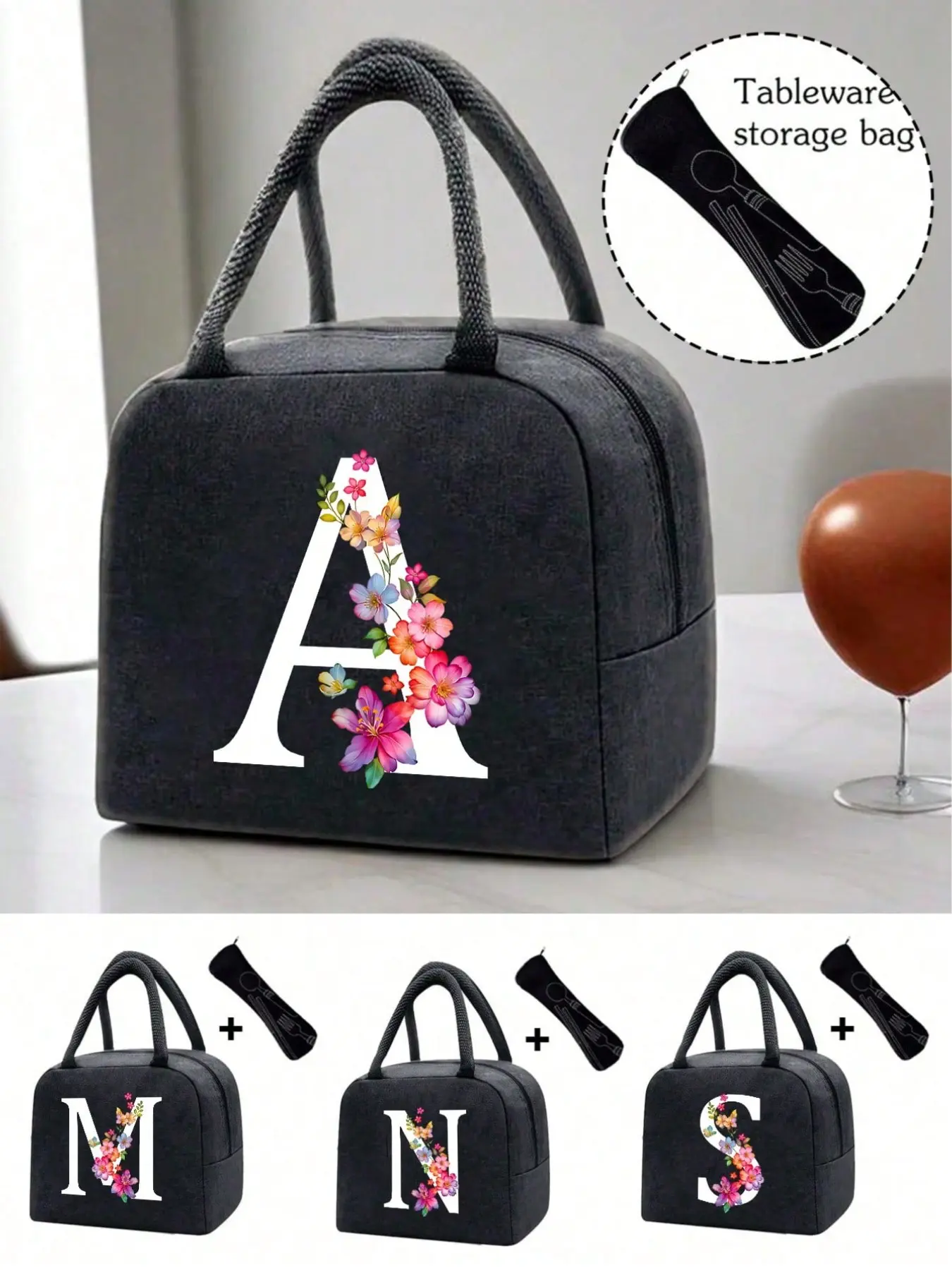 Minimalist black insulated bag with white letters, colorful floral pattern design, and green leaves, Multifunctional insulated bag. Insulated lunch bag suitable for boys and girls' school cooler, lunch box, picnic food tote Thermal lunch carrier