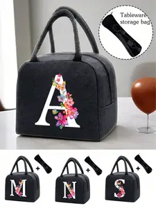 Minimalist high-end black insulated bag with white letters, colorful floral pattern design, and green leaves. Insulated lunch bag suitable for boys and girls' school cooler, handbag, lunch box, ice pack, and picnic food tote Thermal lunch carrier.