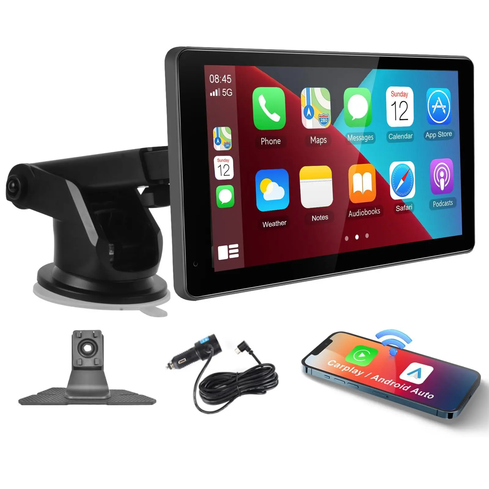 SummerVibes 7-Inch HD IPS Touch Screen Adjustable Wireless Android Car Player - Bluetooth Car Adapter, Wireless CarPlay Adapter, MirrorLink, CarPlay Compatible GPS, Voice Control, AUX, FM Transmitter, Auto Electronics Accessory