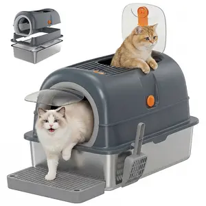 Sweetcrispy Odor-Proof XL Size Stainless Steel Cat Litter Box with Lid, High Walls, Anti-Urine Leakage, Easy Cleaning, Included Scoop and Mat (for Big Cats)