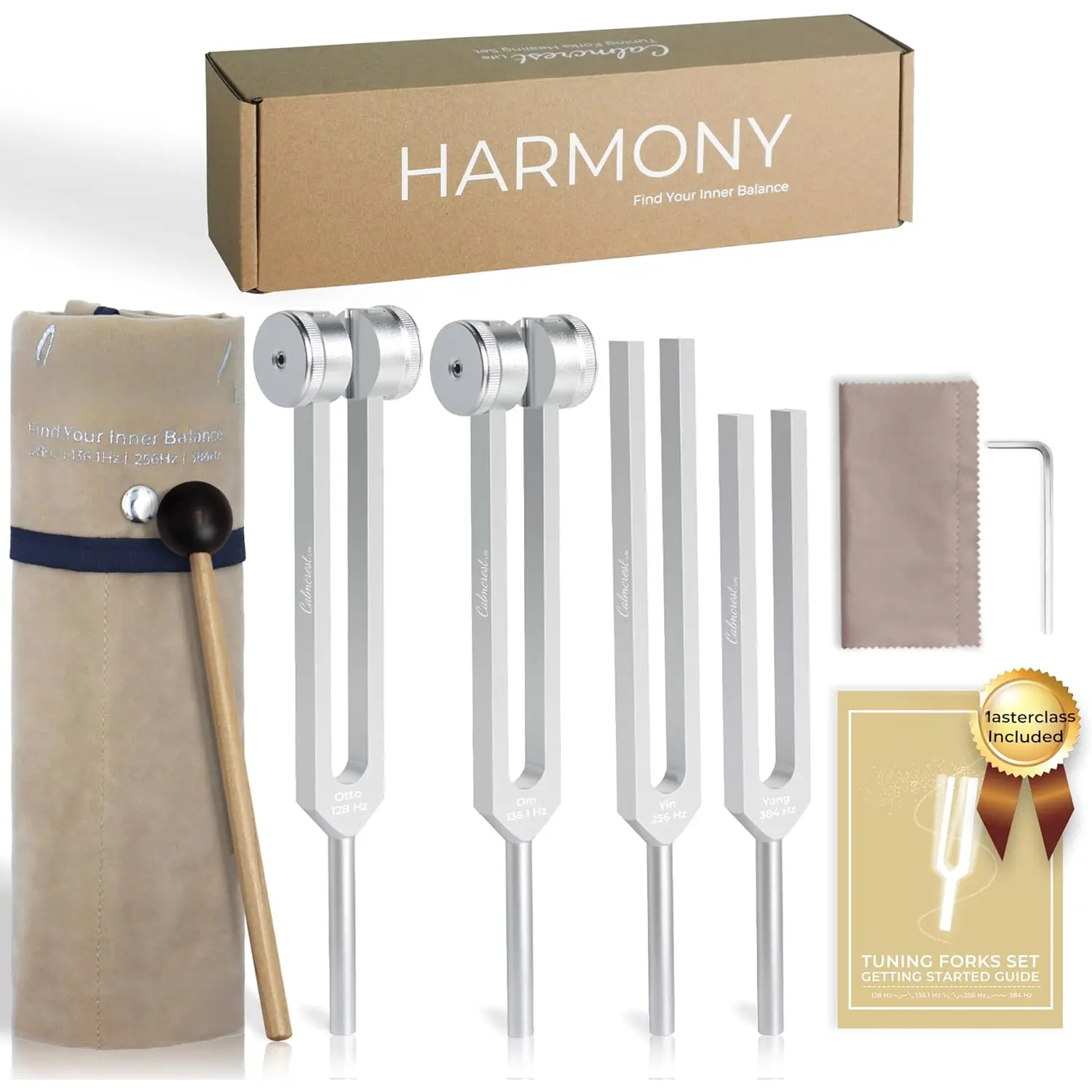 Frequency Calibrated Acupuncture Tuning Fork Set - 128Hz/136.1Hz/256Hz/384Hz Weighted & Unweighted, 10 Synthetic Chakra Percussion Instruments, Rubber Mallet, Cloth, Bag, Guide - Harmony Sound Healing Yoga Tool, Holiday Gift, Adult