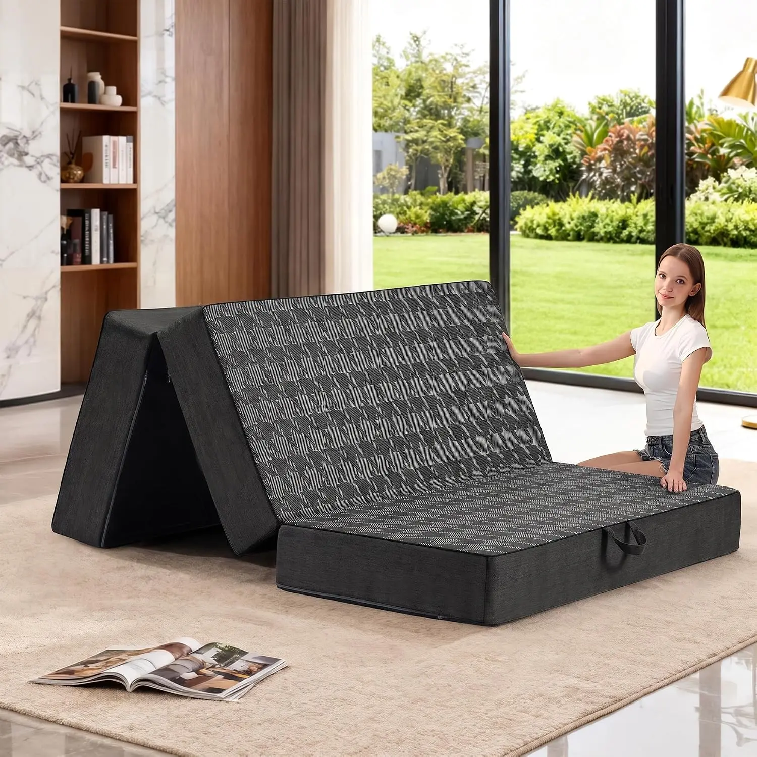 6 Inch Full Size Tri-Fold Memory Foam Mattress, Portable Folding Floor Bed with Removable Washable Cover, Carry Handle & Non-Slip Bottom for Guest Room, RV, Camping, Travel and Yoga