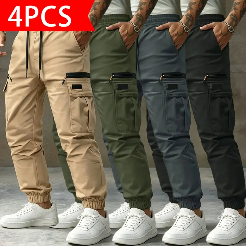 4-Pack Men’s Cargo Jogger Pants, elastic waistband with adjustable drawstring, multi-pocket utility joggers, soft and durable fabric, tapered ankle cuffs, 4-color combo set, ideal for outdoor activities, running errands, work, school, casual wear, and all