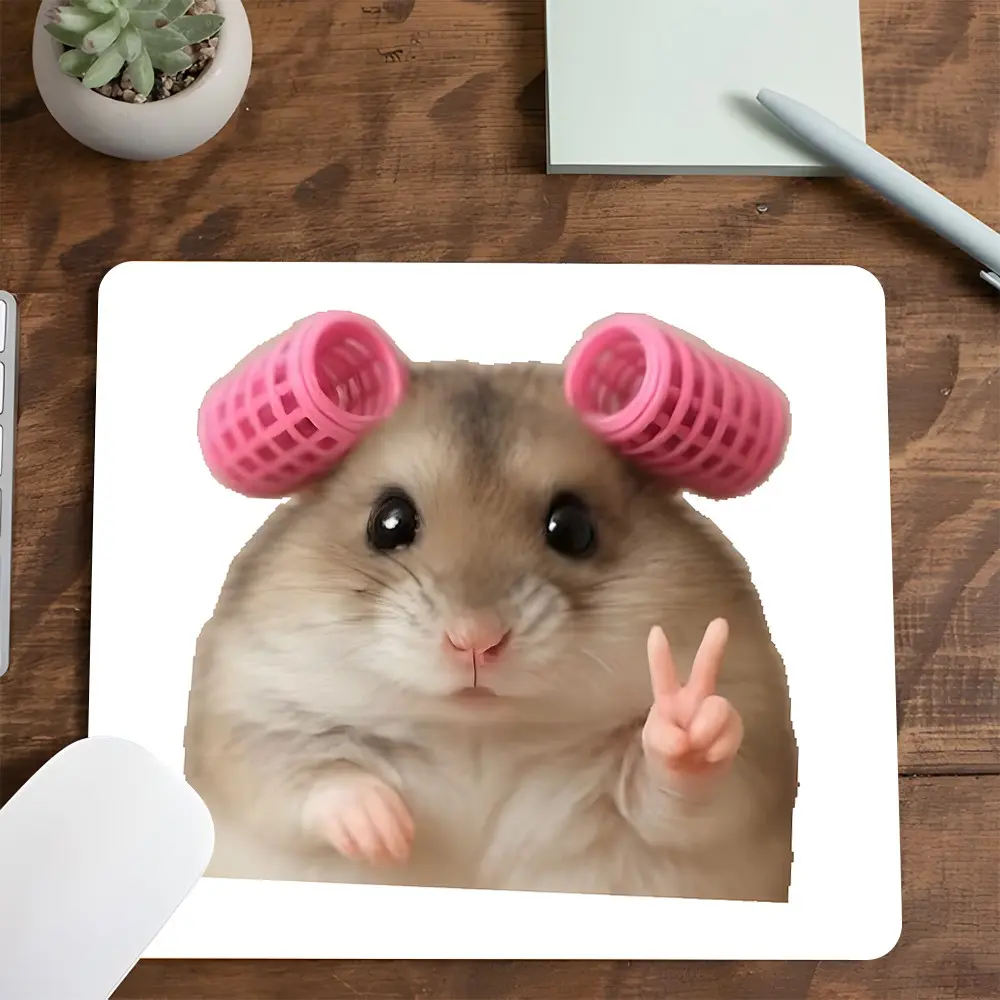 Funny Hamster with Pink Hair Rollers Gaming Mouse Pad, Computer Mouse Pad, Cute Pet Peace Sign Design, Rubber Anti-slip Work Pad, Non Slip Mousepad, Small Suitable for Laptop, Games, Work, Office Mouse Pad