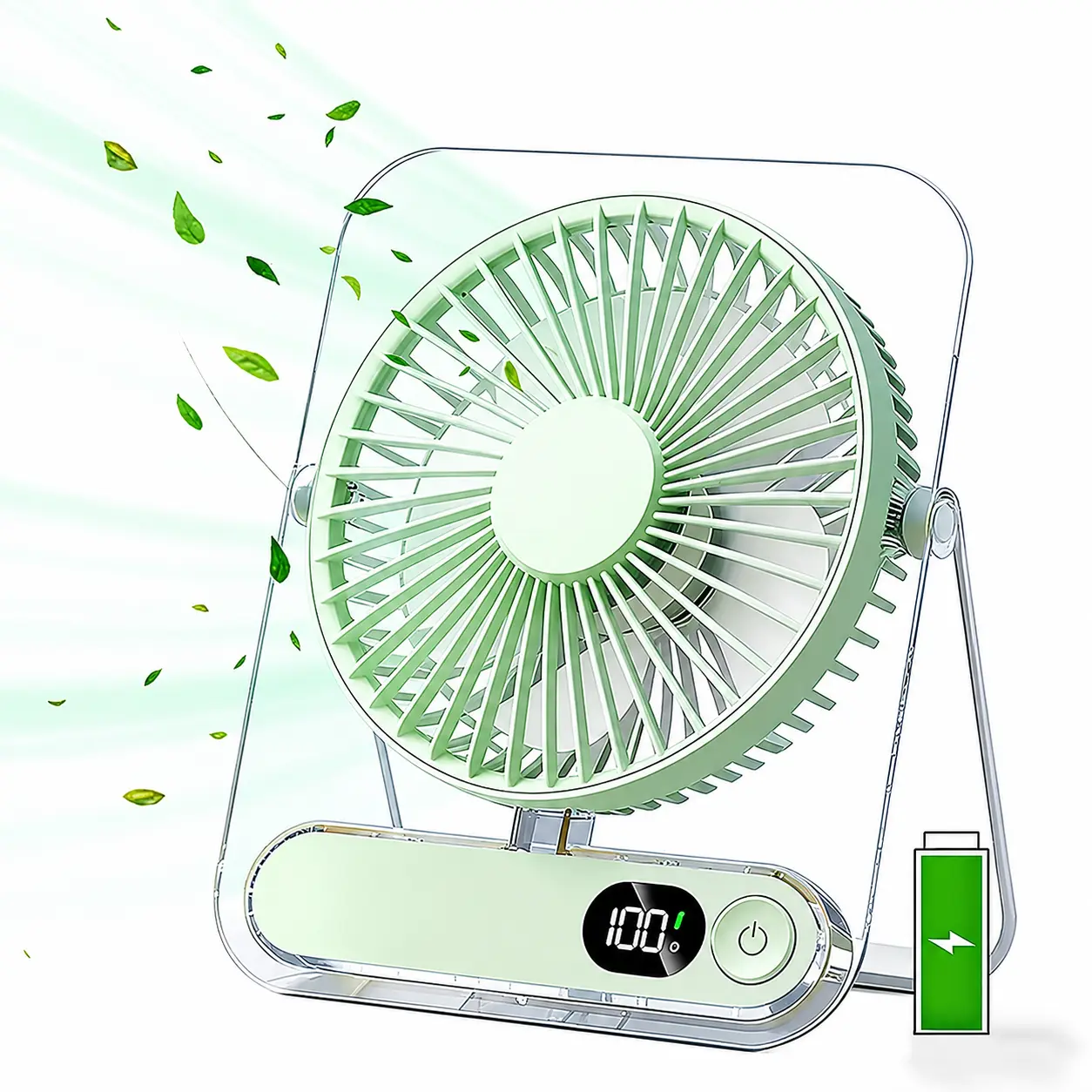 Portable USB Rechargeable Cooling Fan - 3000mAh Battery, Ultra-Quiet, 5 Adjustable Speeds, 180° Foldable, Digital Power Display, Acrylic, Lightweight, Office Desk Accessories, Mini Fan for Home, Office