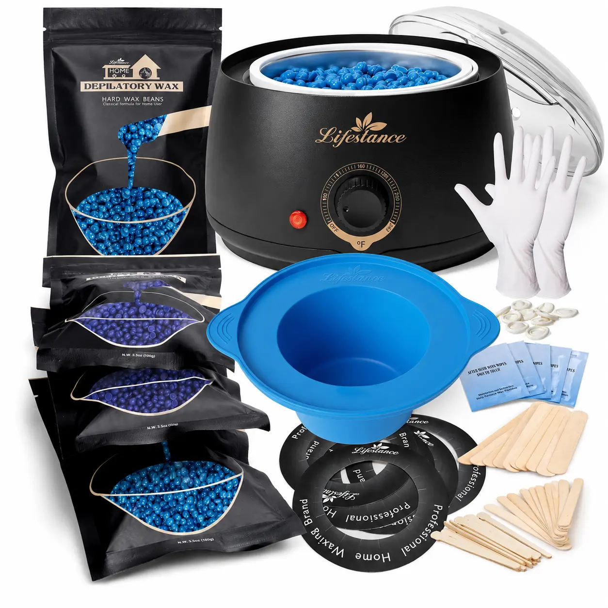 Lifestance Beginner All-in-One Waxing Kit, L1 Wax Warmer for Hair Removal, 59 Items, Reusable Silicone Bowl, Hard Wax Beads for Full Body, Brazilian, Bikini, Face, Eyebrows, Legs
