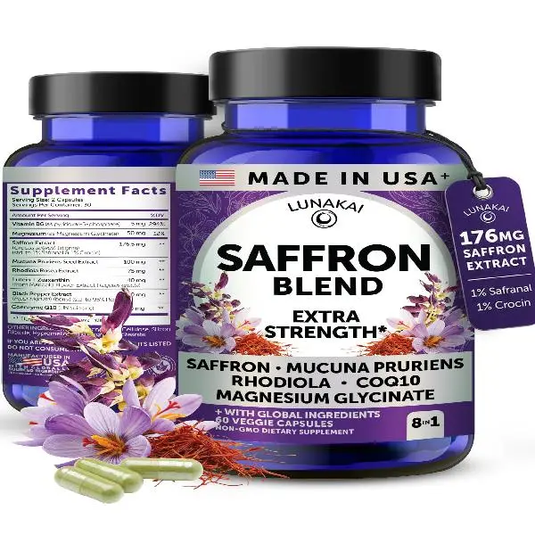 Lunakai USA Made Saffron Supplements for Women & Men 176mg – 8-in-1 Saffron Extract Capsules with Rhodiola & Mucuna for Daily Mood, Focus & Eye Support, Non-GMO, 60ct