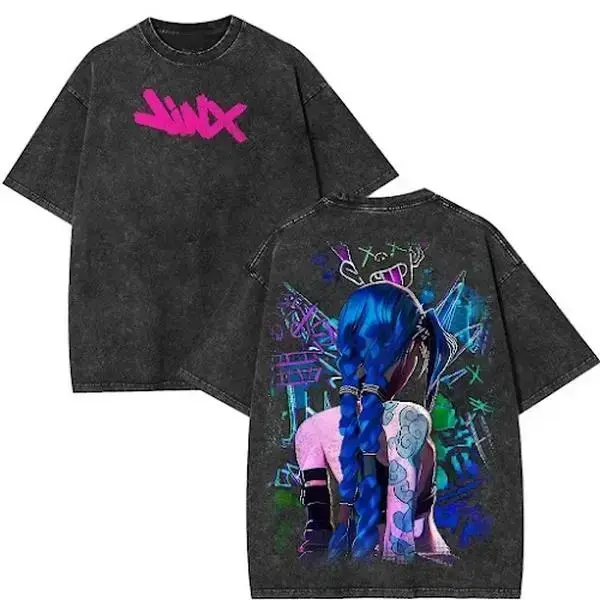 Vintage Acid Wash Arcane Jinx Graphic T-Shirt | Heavyweight 100% Cotton Oversized Gamer Tee | Cyberpunk Neon Y2K Grunge Streetwear | Anime Casual Unisex Top