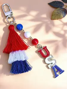 Patriotic American Keychain, Blue Fringe Pendant, Usa Letter Charm, July 4th Men's Keychain, Independence Day Gift Accessory
