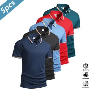 Men's 5 piece Quick Dry Polo Shirt Set for Golf Tennis Equestrian Comfortable Activewear with Color block Collar & Cuff Design Ideal for Casual Parties Holidays Travel SpringStatements