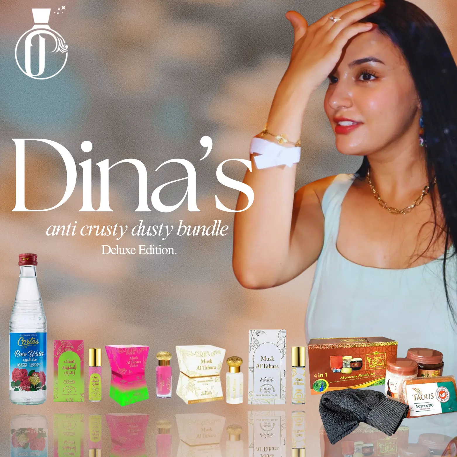 Nabeel Dina's Anti-Crusty Dusty Deluxe Body Care Kit - Rose Water, Musk al Tahara Zahri Roll-On, Concentrated Hydrating Body Oil, Royal Tauos Soap for Daily Use
