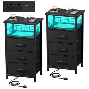 Modern LED Nightstand with Charging Station – 3-Drawer Bedside Table with USB Ports & Outlets for Bedroom, Living Room or Office