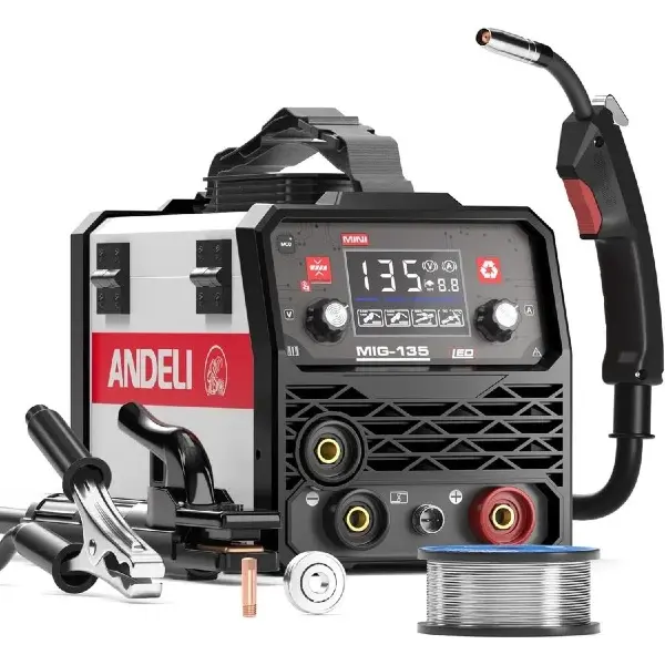 ANDELI 135A 3-in-1 Gasless Synergic MIG Welder - 110V Portable DC Inverter Digital Machine, Lift TIG/Stick, IGBT Tech, LED Display, Arc Force, Anti-Stick, for DIY Beginners, Steel Work, Welding Accessories Included, Portable Welding Machine, Dc Inverter W