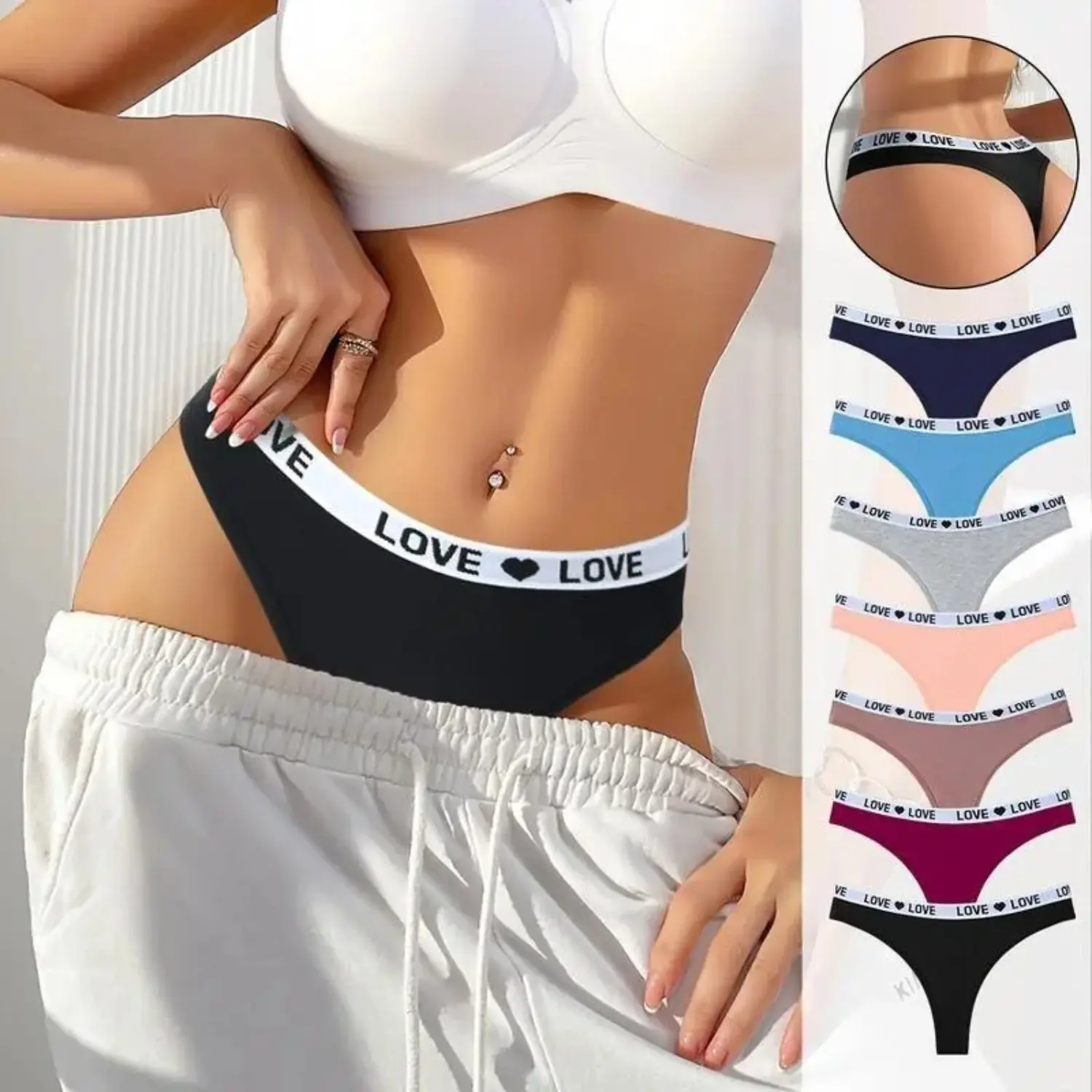 Lady's 7-Pack Mixed Color Low-Waist Thong Panties - Soft Cotton-Spandex Blend Heart Band, Seamless Invisible Breathable No-Show Sportswear, Ultra-Stretchy Women's Underwear for Home & Outdoor Use
