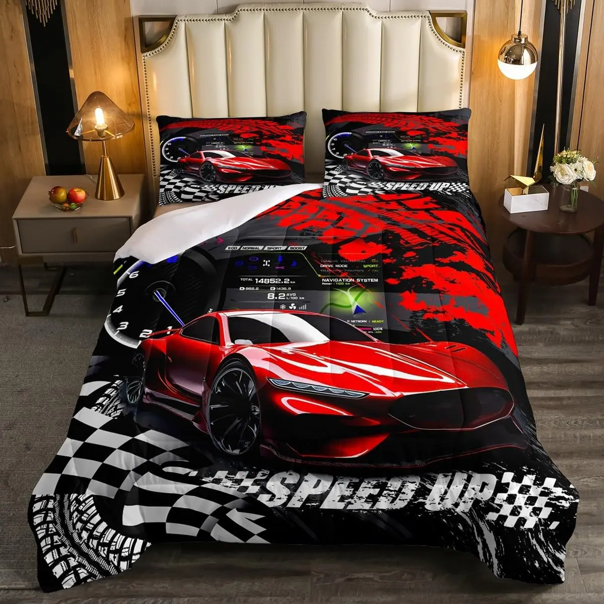 Red Super Soft Microfiber Decorative Breathable Duvet Set - Sports Car Themed Luxury Designer Bedding Collection