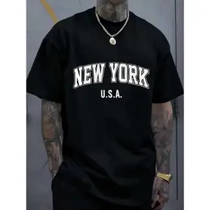 Men's Plus Size Oversized New York USA Graphic Top - Seamless Menswear Tshirt, Casual Round Neck Short Sleeve, Breathable Summer Tee with Bold White Lettering, Versatile Streetwear Essential for Casual Attire & Layering, New York Souvenir (Local Delivery)