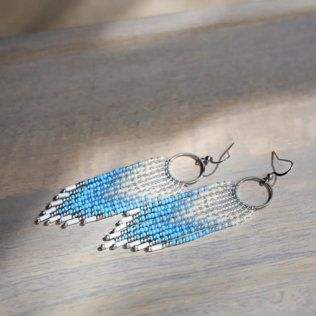 Handmade Boho Seed Bead Jewelry - Ice Blue Ombré Dream Catcher Fringe Earring Hoops