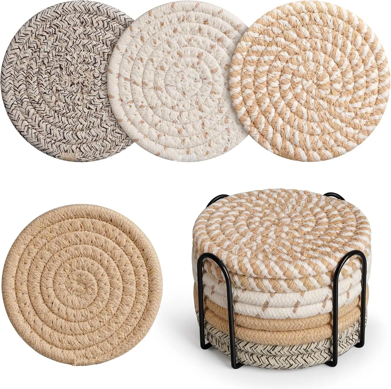 Geichan Sturdy Cup Coasters (Set of 8) with Metal Holder, Absorbent Cotton Linen Tableware Protector for Coffee & Tea Cups, Spill Proof Placemats & Coasters, Home Decor Birthday Gift, Fabric Placemats & Coasters