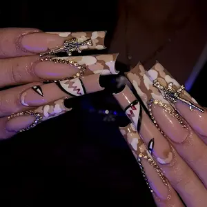 Essential 24pcs New Super Long Nail Tips Nail Extensions Coffin Shape Full Hand Champagne Color Rhinestones Shark Teeth Nail Art Design, 1 Nail File + 1 Jelly Glue, Glittering Fake Nails