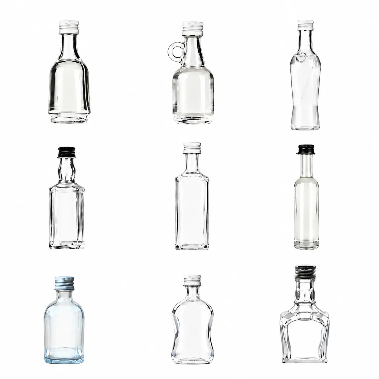 4 Pack Mini Glass Liquor Bottles, Each Bottle 1.7 oz (50ml), Lead-Free Thick Glass Spirit Bottles with Leakproof Screw Caps, 9 Assorted Styles for Whiskey Samples, Gifts, Travel & Party Favors