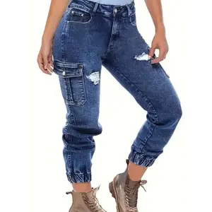 [Distressed Cropped Jeans] Distressed Stretch Women's Cropped Denim Jeans - Fashionable Elastic Cuff, Multi-Pocket Casual Cargo Style, Washed Blue With Golden Accents, Casual Denim Wear | Sporty Cropped Jeans | Durable Fabric