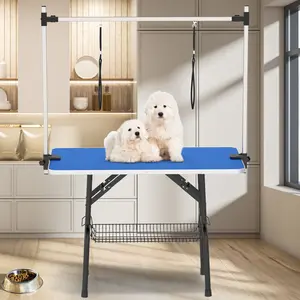YITAMOTOR 42" Height Adjustable Dog/Pet Grooming Table, Foldable Grooming Table for Dogs at Home, Portable Dog Bathing Station with Arm, Non-Slip Desktop, Storage Tray& Noose, Blue