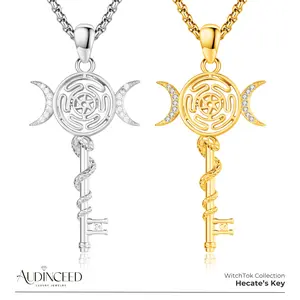 Audinceed Hecate's Key S925 Sterling Silver Moonstone Necklace, Witchtok Collection, Hekate Triple Moon Goddess Pagan Wiccan Magic Silver Necklace Pendant Protection Blessed Amulet Jewelry Gift for Women Men