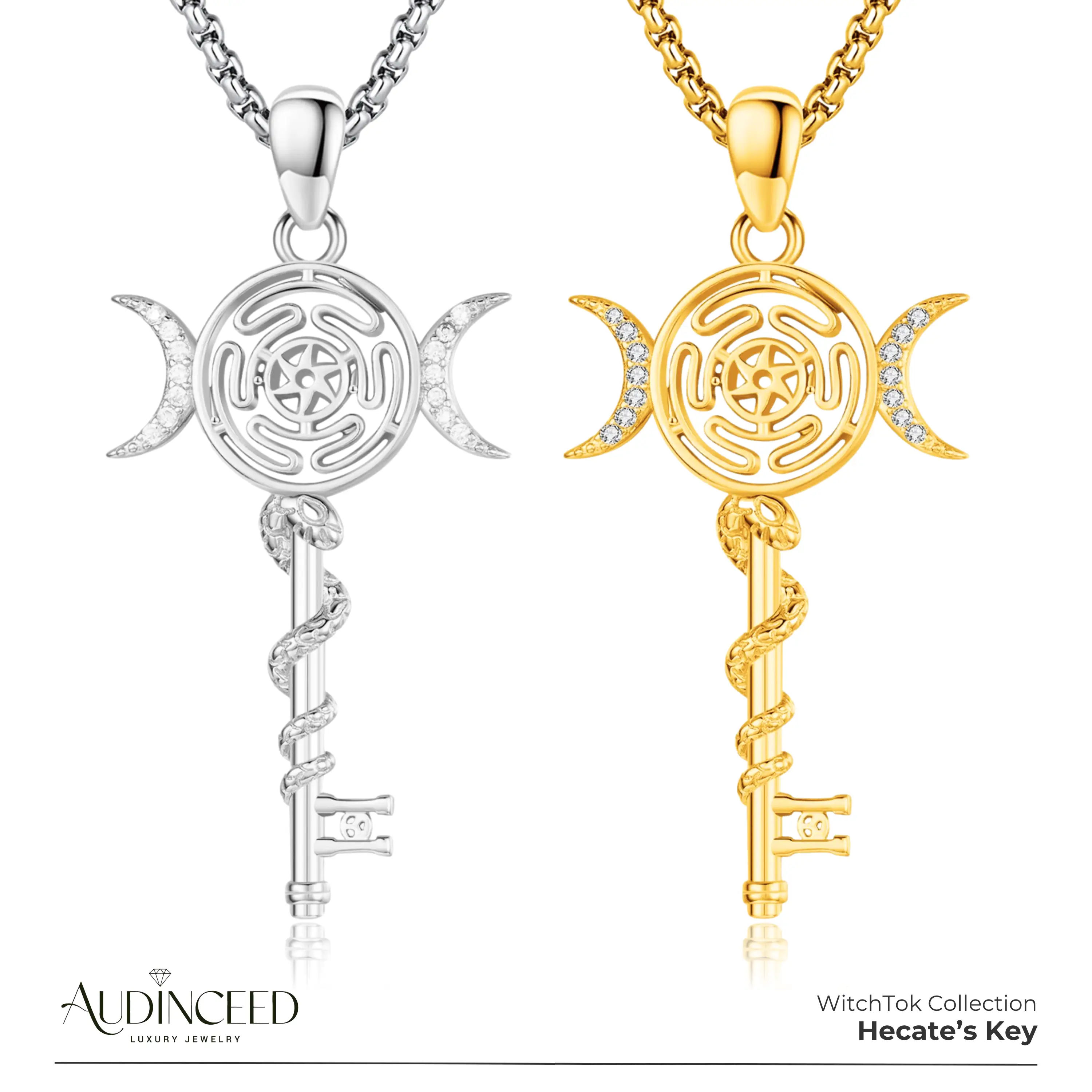 Audinceed Hecate's Key S925 Sterling Silver Moonstone Necklace, Witchtok Collection, Hekate Triple Moon Goddess Pagan Wiccan Magic Silver Necklace Pen