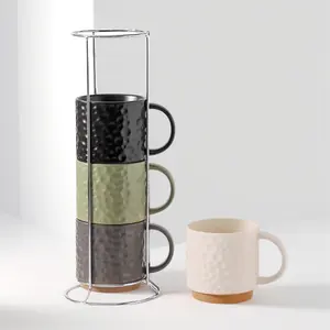 Ceramic Coffee Mug Set of 4, 16OZ Stackable Coffee Mug Set with Stainless Stand,Large Cup Set for Cappuccino,Tea,Hot/Cold Drinks,Dishwasher & Microwave Safe,Mixing Color