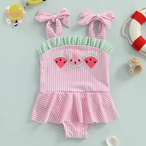 Baby Girls Watermelon Print Swimsuit, Pink Striped Ruffle  Swimwear with Bow Straps, Cute Summer Beach Bathing Suit for Toddlers