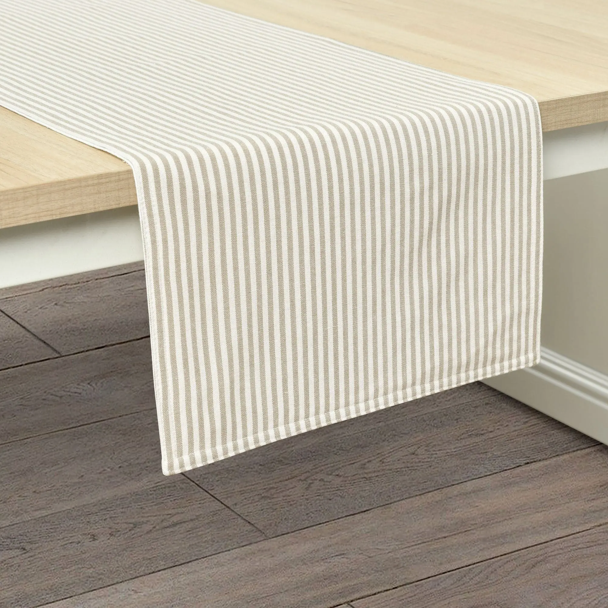 Lush Decor Farmhouse Ticking Stripe 70% Cotton Blend Neutral Rectangle Table Runner, 13"w x 72"l, Classic Chic Kitchen Decor Accent, Machine Washable, All Seasons, Hassle-Free Maintenance, Housewarming Gift, Complementary Napkin Set