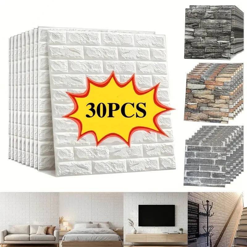 30pcs Brick Pattern Wall Stickers Set, 35cm X 38.5cm Foam Tile Decals, Self-Adhesive Easy Clean, Cuttable, for Kitchen Living Room Hallway Ceiling Decor