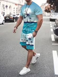 A men's short-sleeved shirt and shorts set with an all-over Hawaiian beach print, perfect for vacations and travel. The fabric is soft and machine washable. Summer men's set.