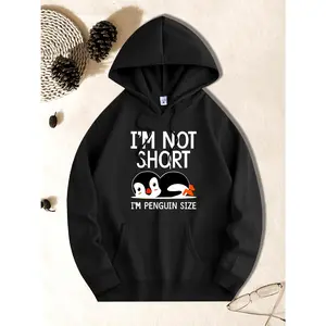 Women's funny penguin-themed apparel with a playful message about height Graphic Hoodie - Long Sleeve Pullover Regular Fit | Soft & Breathable Fabric, Durable Print, Everyday Comfort, Machine Washable, casual and humorous flat lay product photography with