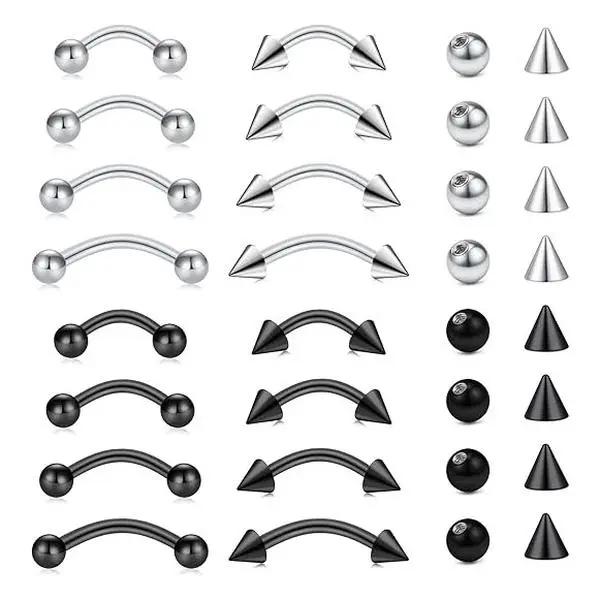 Unisex 16G Hypoallergenic SS Curved Barbells, 16-Piece Surgical Steel Body Piercing Jewelry with Smooth Shine, Multi-Size (6-12mm) Set for Eyebrow, Rook, Curved Barbels, Multi-Size Set