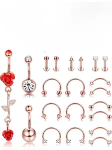 21PCS Professional Piercing Kit Stainless Steel 14G 16G Belly Button Rings Septum Nose Lip Labret Eyebrow Cartilage Tragus Rings Body Piercing Tools