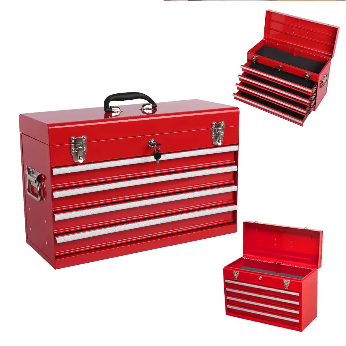 Heavy-Duty Anti-Rust Steel Toolbox - Durable Metal Box, Tool Storage Kit with 4 Drawers, Auto-Locking System, Ball Bearing Slides, EVA Padding, Top Handle, Locking Lid, 21x8.62x13.38 in, 21.49 lbs for Home, Garage Tool Organization