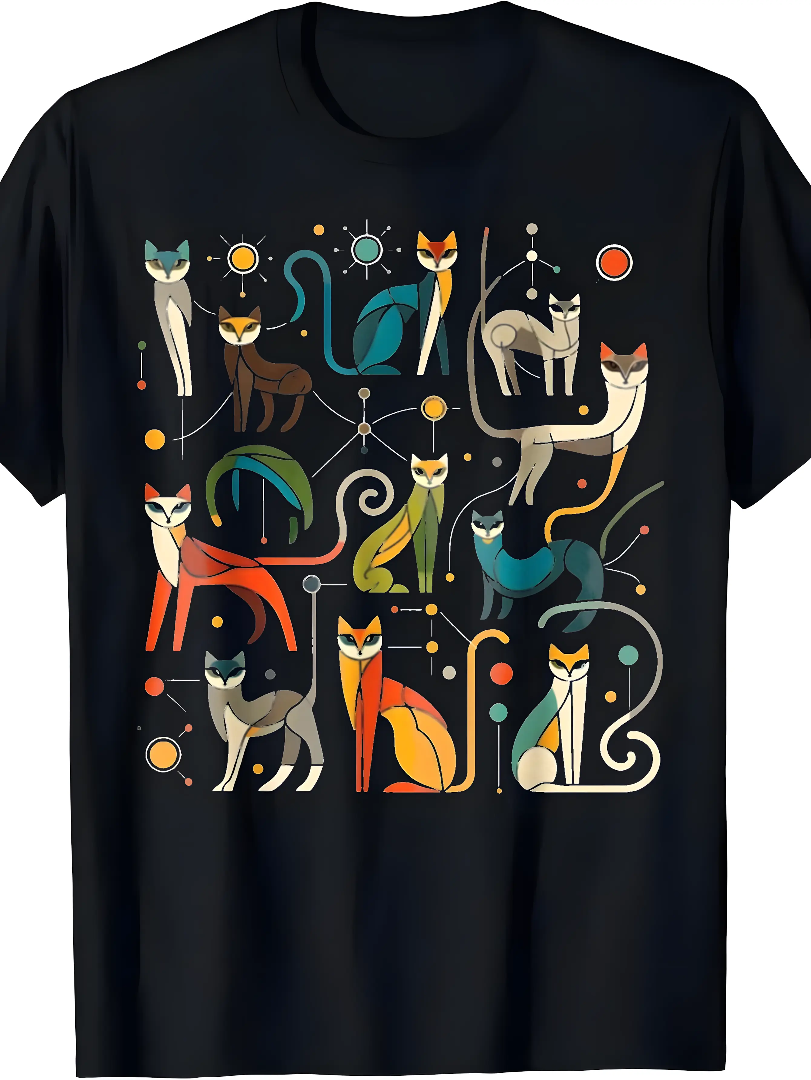 Plus-size Unisex Retro 60s/70s Cat Print T-Shirt - Cotton loose-fit short sleeve crew neck, multi-color geometric cat design with tabby and tuxedo patterns, available in various sizes, machine washable casual wear, unisex retro style, made with slightly s