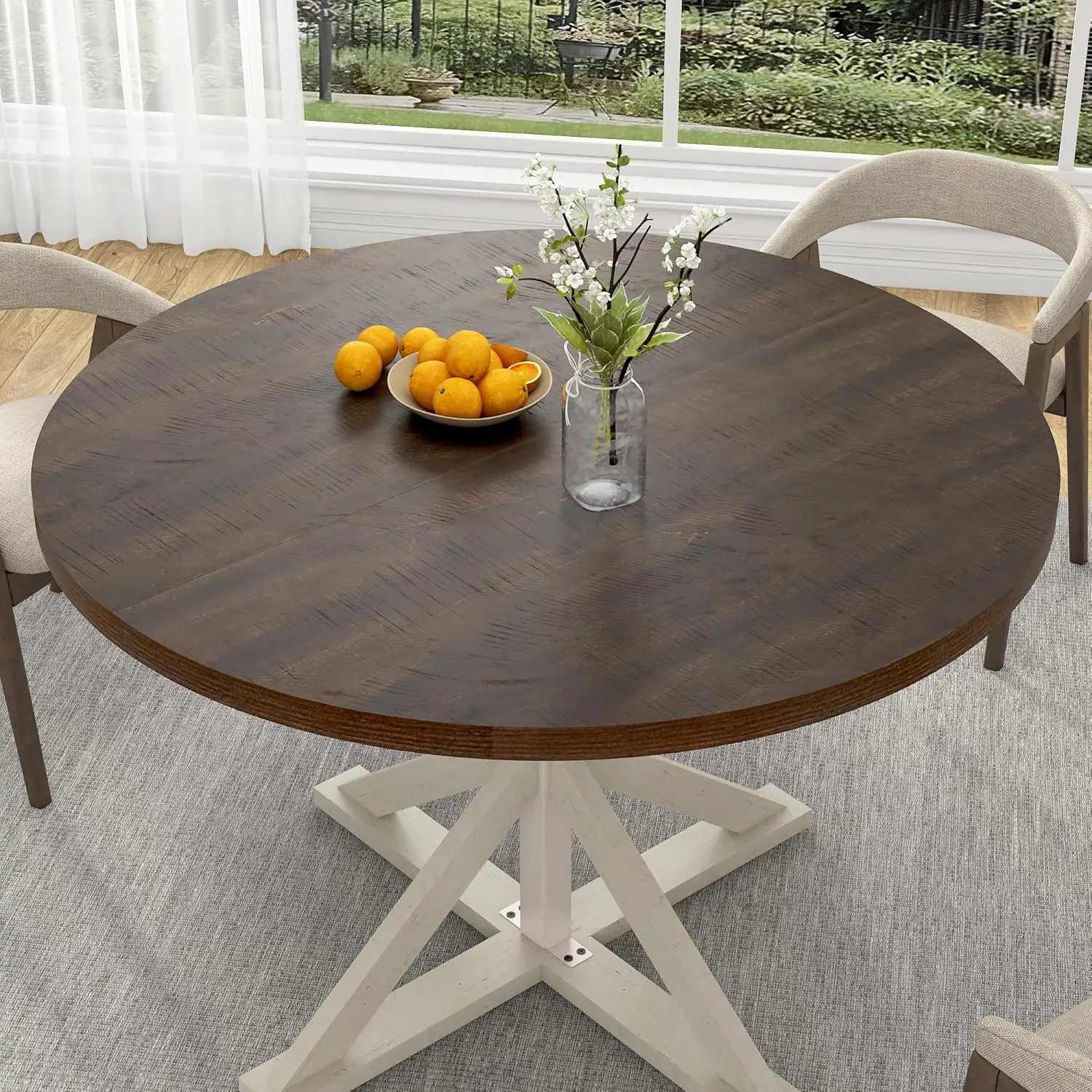 Round Wood Dining Table for Kitchen,Dining Room,Living Room,Farmhouse Dinner Tables W/Thickened Brown Wooden Waterproof Tabletop for 4 People,47 inch Rustic Kitchen Table W/Metal Support