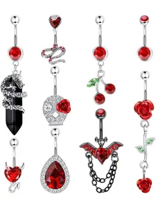 9Pcs 14G Belly Button Rings Stainless Steel Pink Cubic Zirconia Heart Butterfly Belly Piercing Jewelry Navel Piercing Jewelry for Women